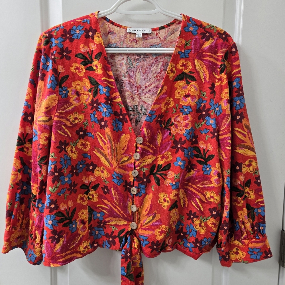 Maison d' Amélie Vibrant Floral Button-Up Blouse, XL